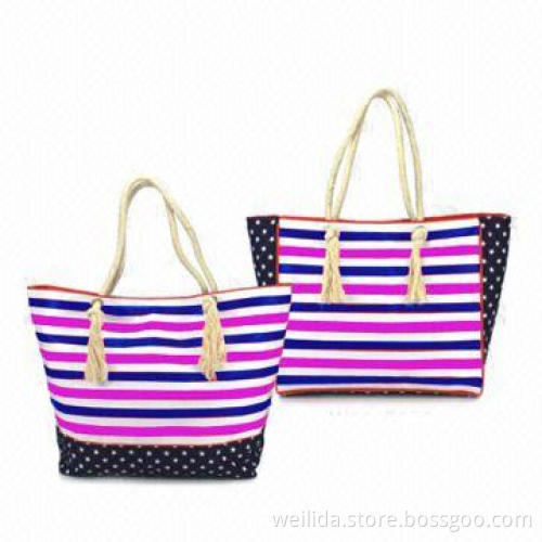 Fashion Shoulder Bags in 12oz Cotton Canvas and Striped PU, with 2 Special Handles
